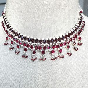 Red rhinestone silver tone ethnic necklace